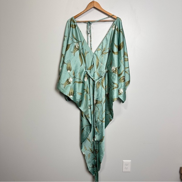 By Anthropologie Satin Tie Front Belted Floral Maxi Dress Caftan - Picture 10 of 12